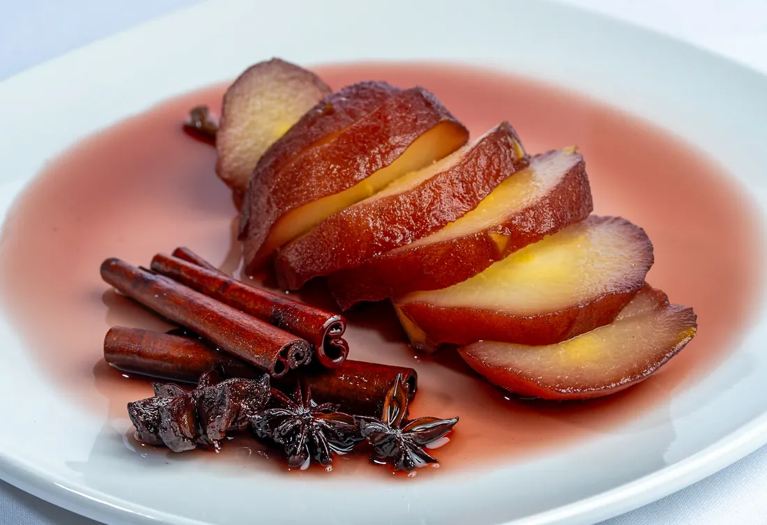 Peras al vino, pears poached in spiced red wine at Los Gallegos Miami
